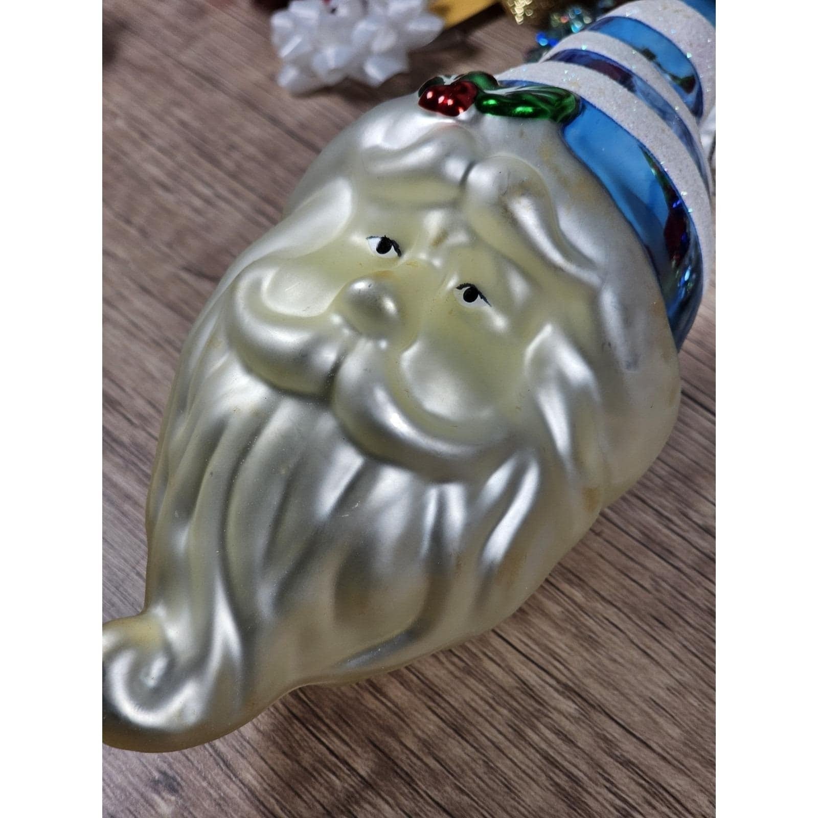 Vintage Handblown Glass Santa Ornament 7 Inch Blue Hat 1970s
