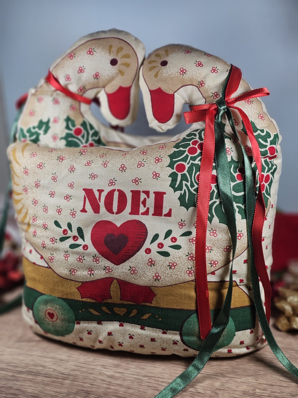 Vintage Handmade Christmas Swans Noel Pillow