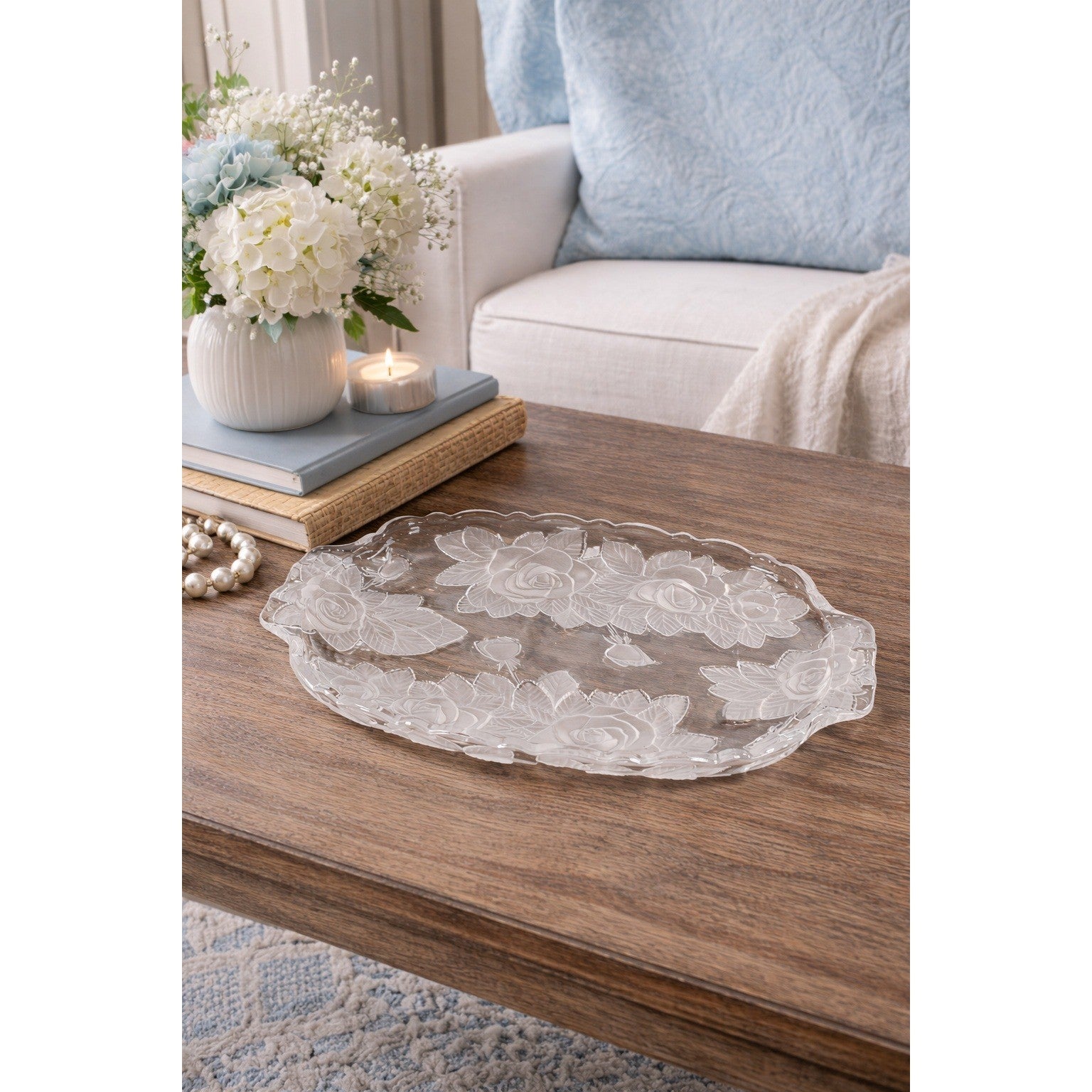 Vintage Etched Rose Glass Serving Tray Floral Clear Oval Platter