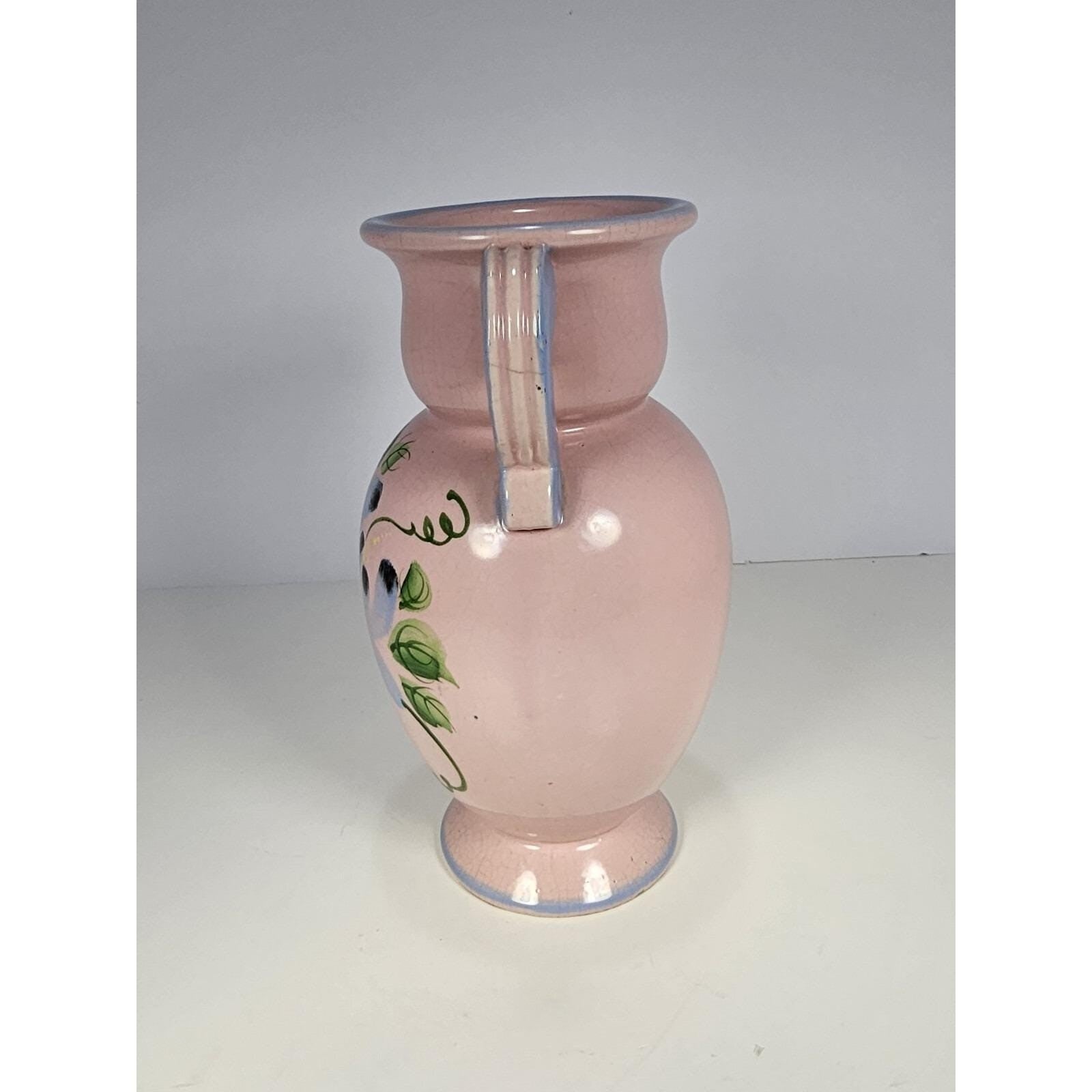Vintage Pink Crackle Glaze Vase Blue Handles Floral Ceramic