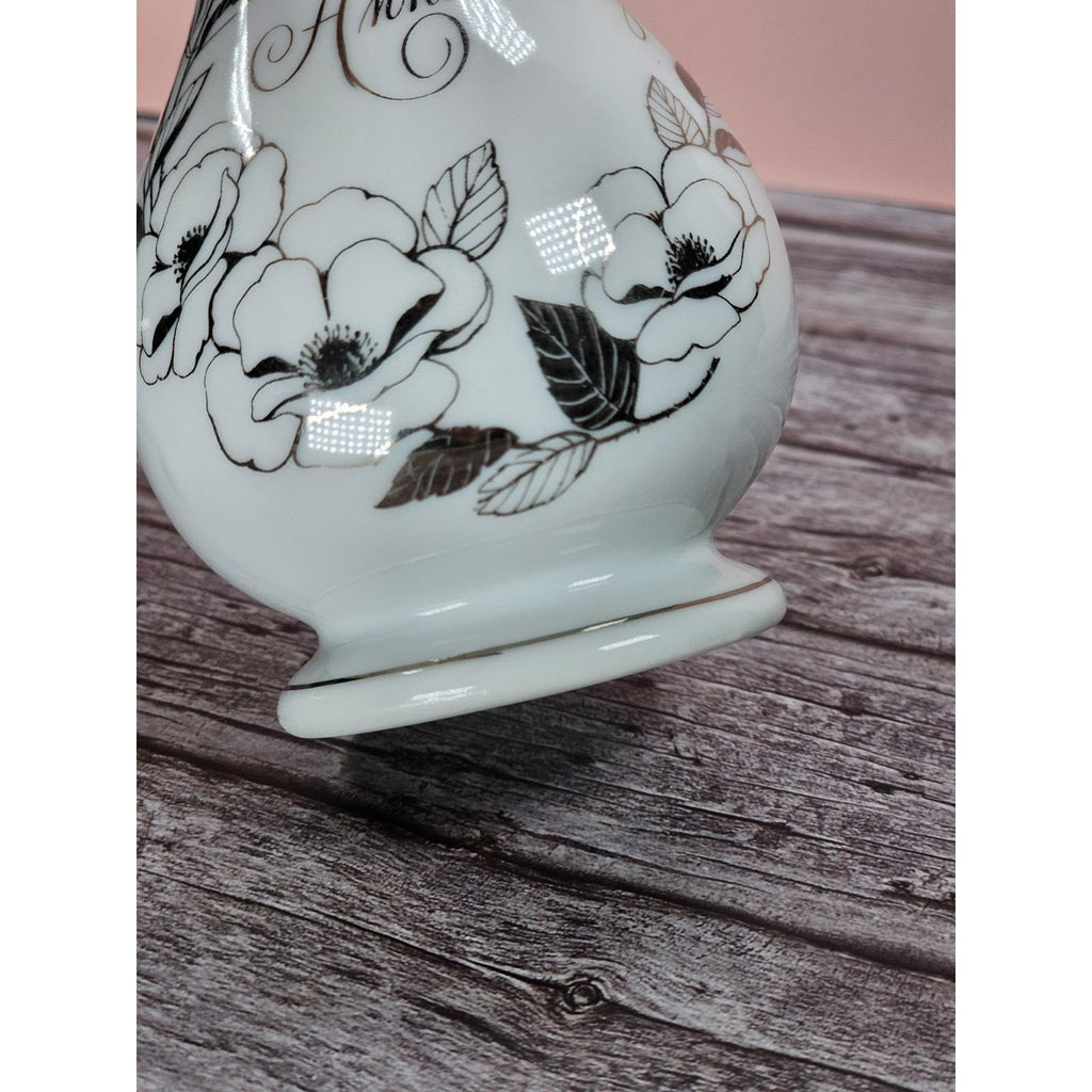 Vintage 25th Anniversary Porcelain Bud Vase with Silver Trim Floral Design