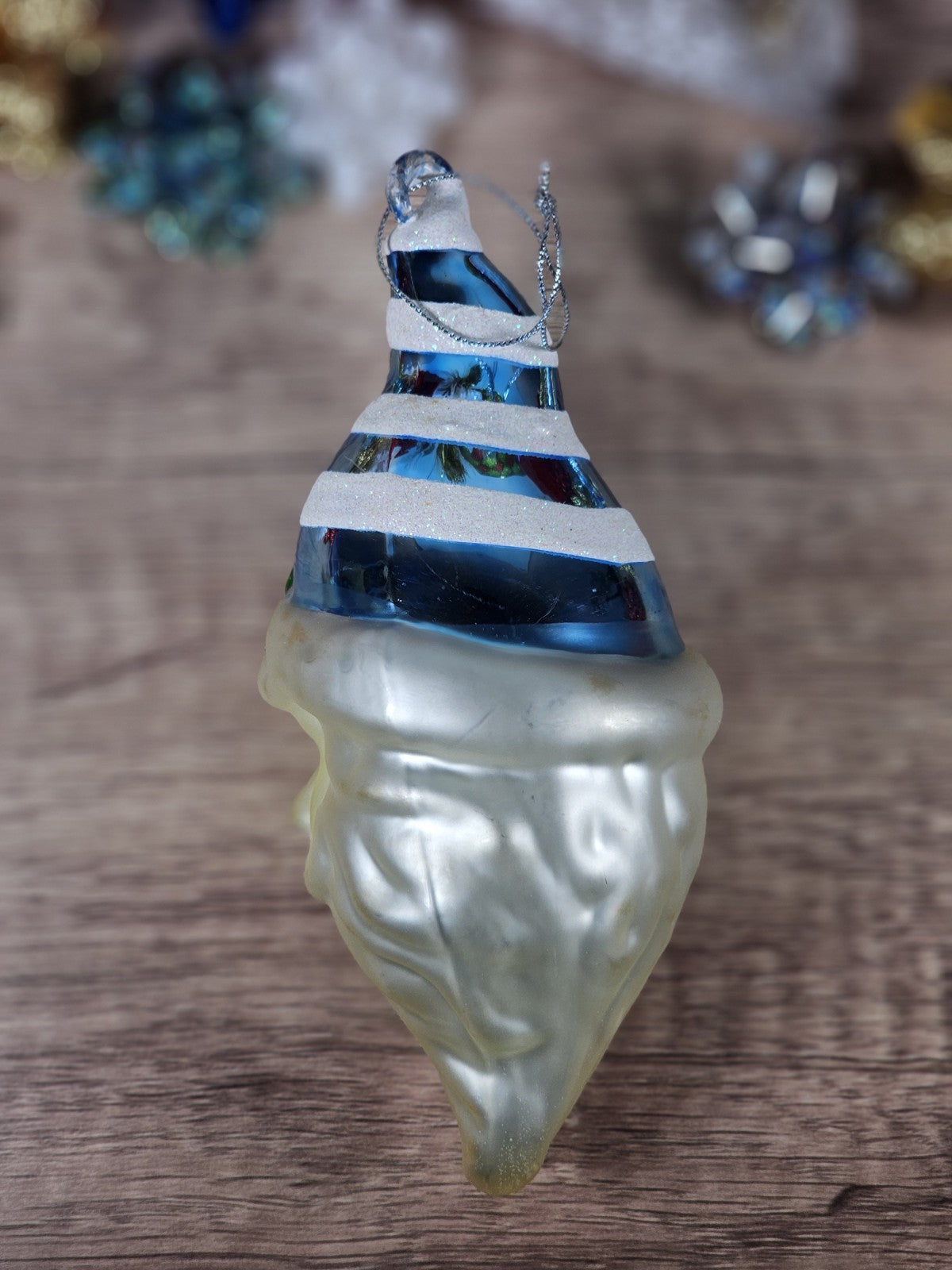 Vintage Handblown Glass Santa Ornament 7" Tall With Blue Striped Hat & Holly