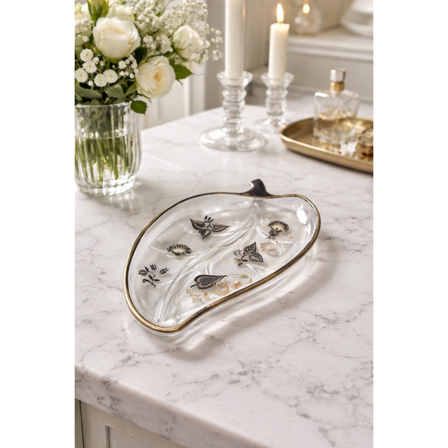 Vintage Signed Georges Briard Divided Leaf Shape Dish Floral Print