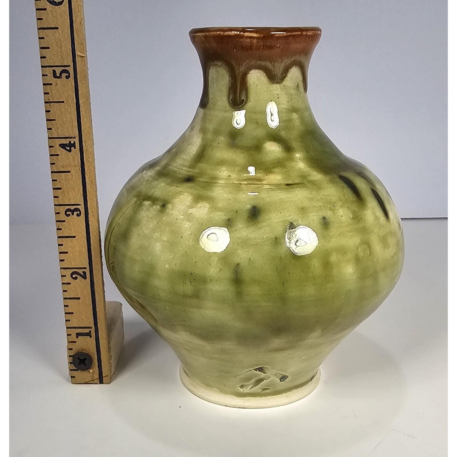Green & Brown Drip-Glaze Pottery Vase • 5″ x 4.5″ Rustic Earth-Tone