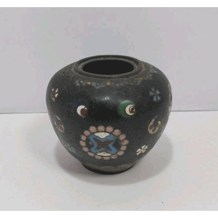 Vintage Cloisonne Mini Vase Black Floral Enamel 2.5" Collectible