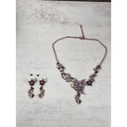 Vintage Butterfly Necklace Earring Set Purple Green Floral Gold Tone