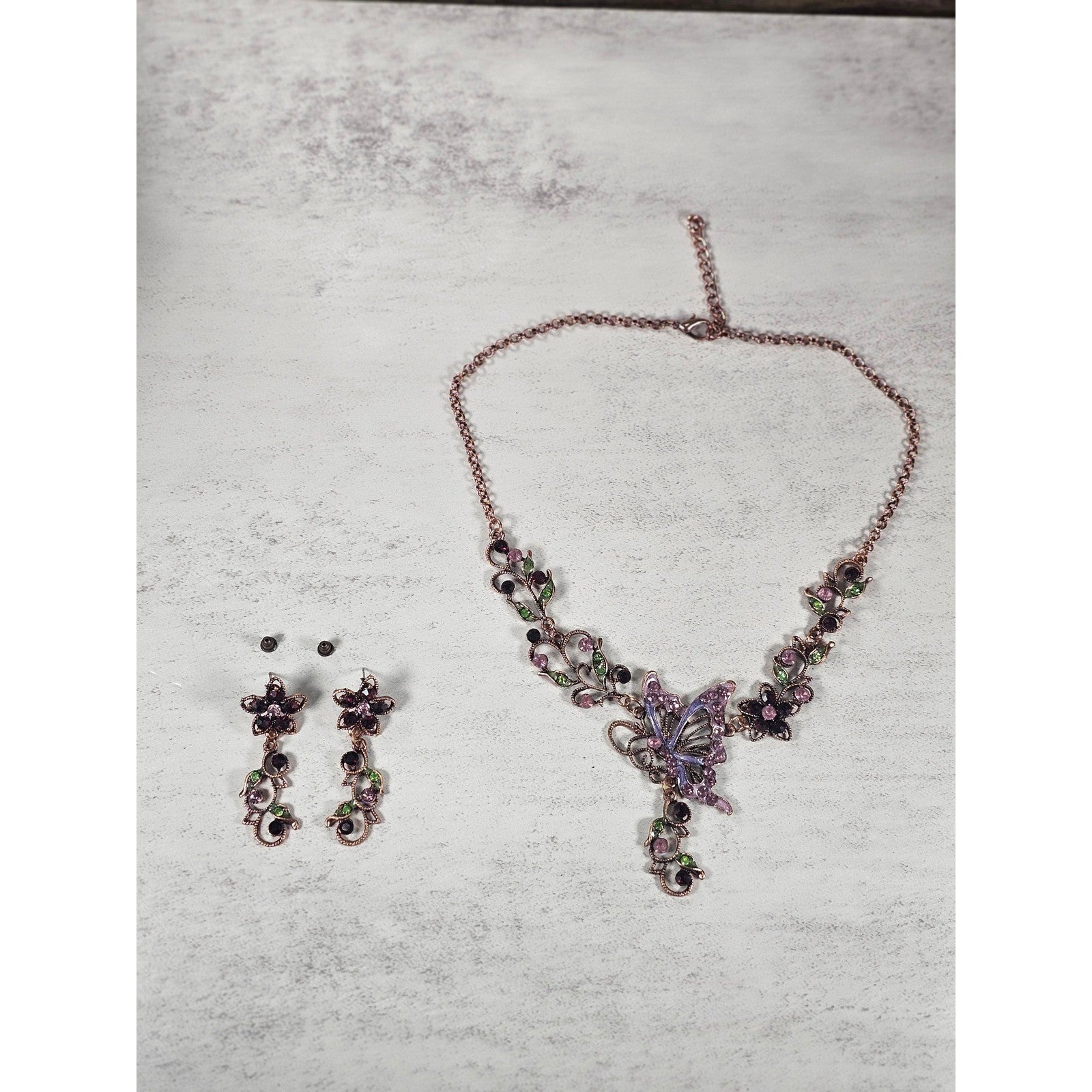 Vintage Butterfly Necklace Earring Set Purple Green Floral Gold Tone