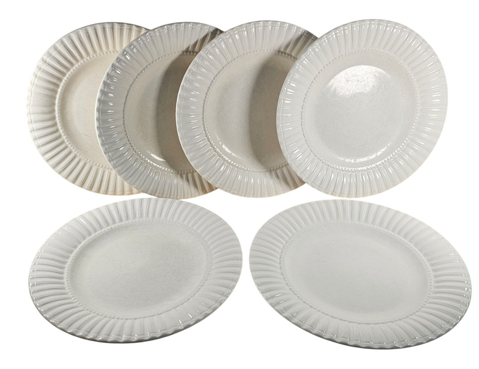 Set Of 6 White Embossed Dinner Plates Thomson Pottery 10.75 Inch Ceramic