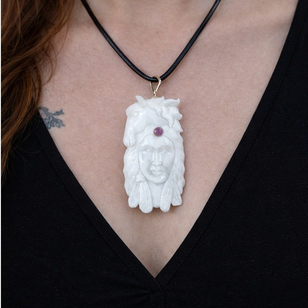 Vintage Buffalo Bone Carved Pendant Necklace Native Style 2.5 Inch