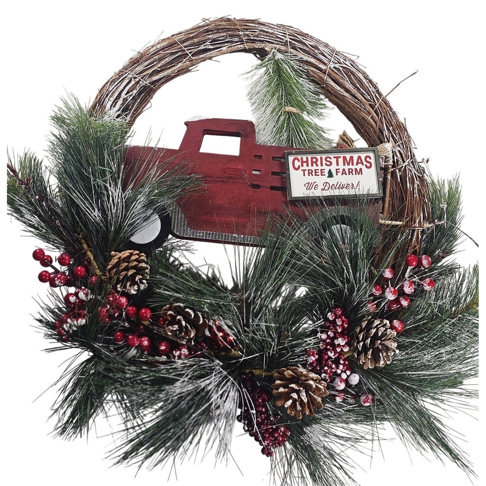 Rustic Red Truck Christmas Wreath Pinecones Berries Farmhouse Holiday Decor