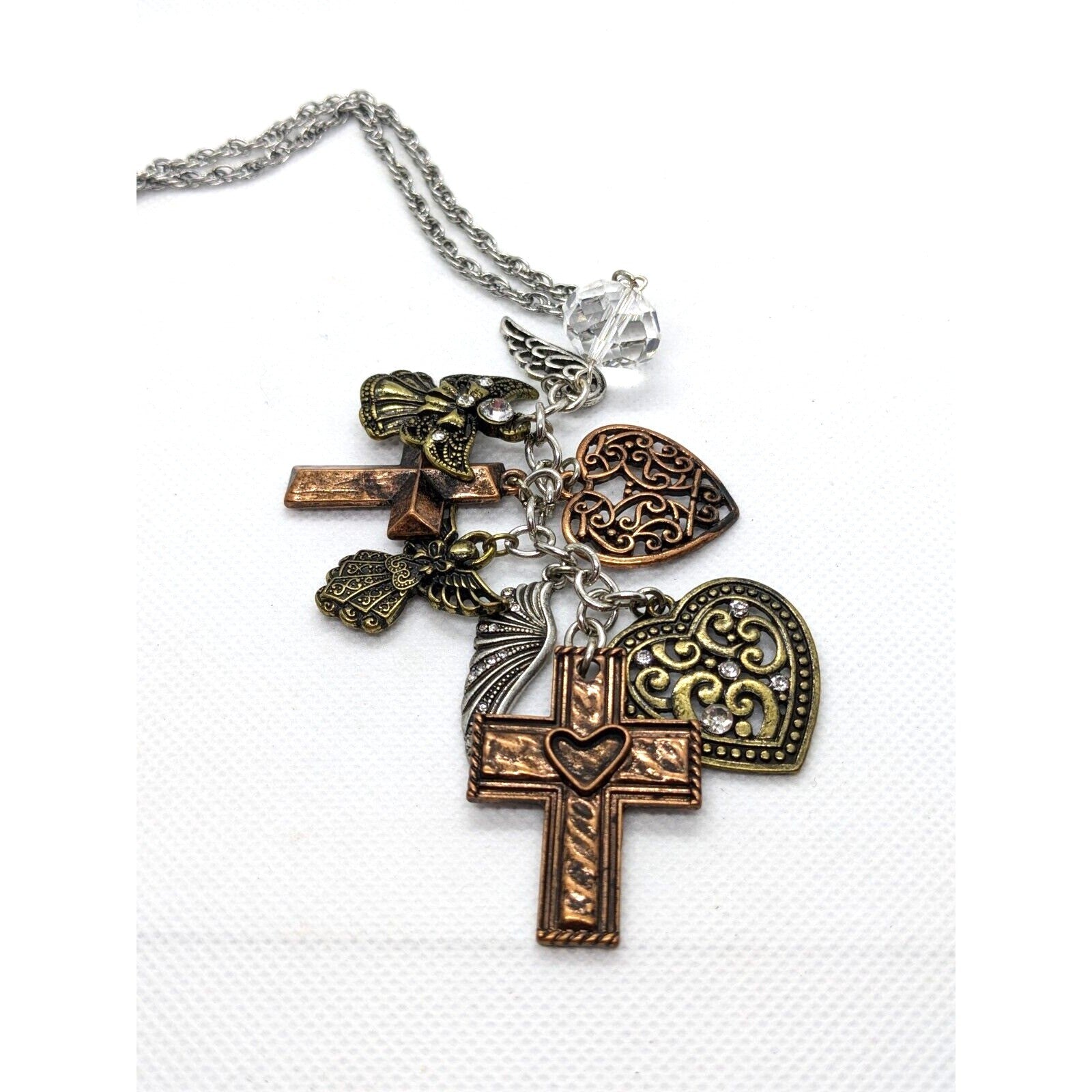 Mixed Burnished Metal Charm Necklace 26 Inch Angels Hearts Cross