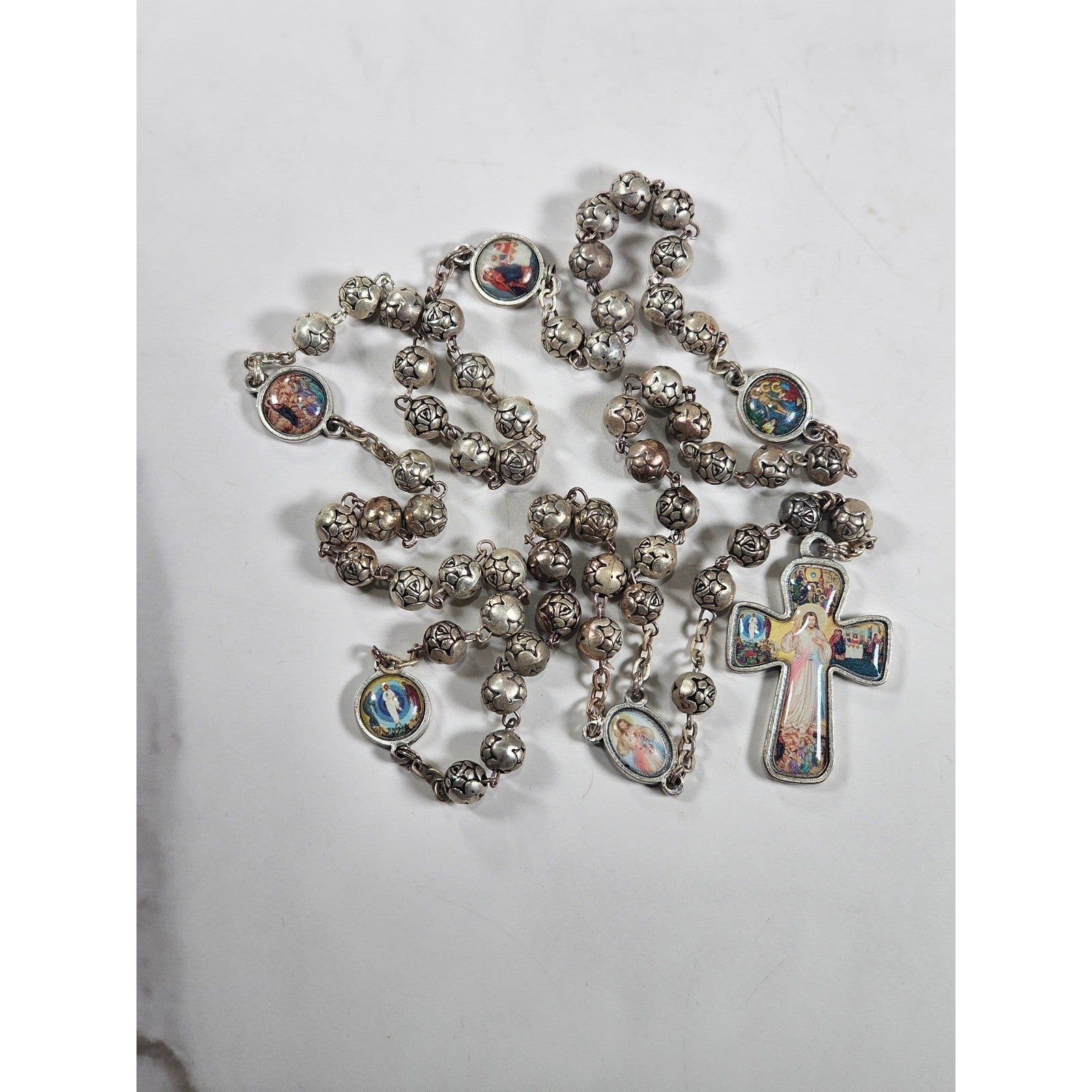 Vintage Rosary Necklace Sacred Heart Cross Religious Medal Beaded