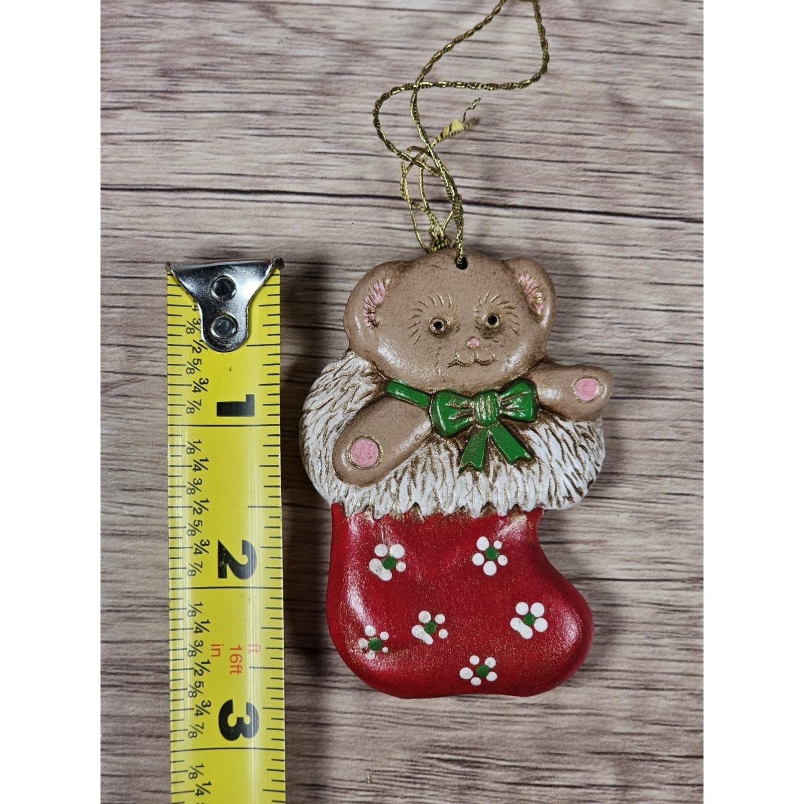 Vintage Teddy Bear Stocking Christmas Ornament 3" Ceramic Holiday Decor