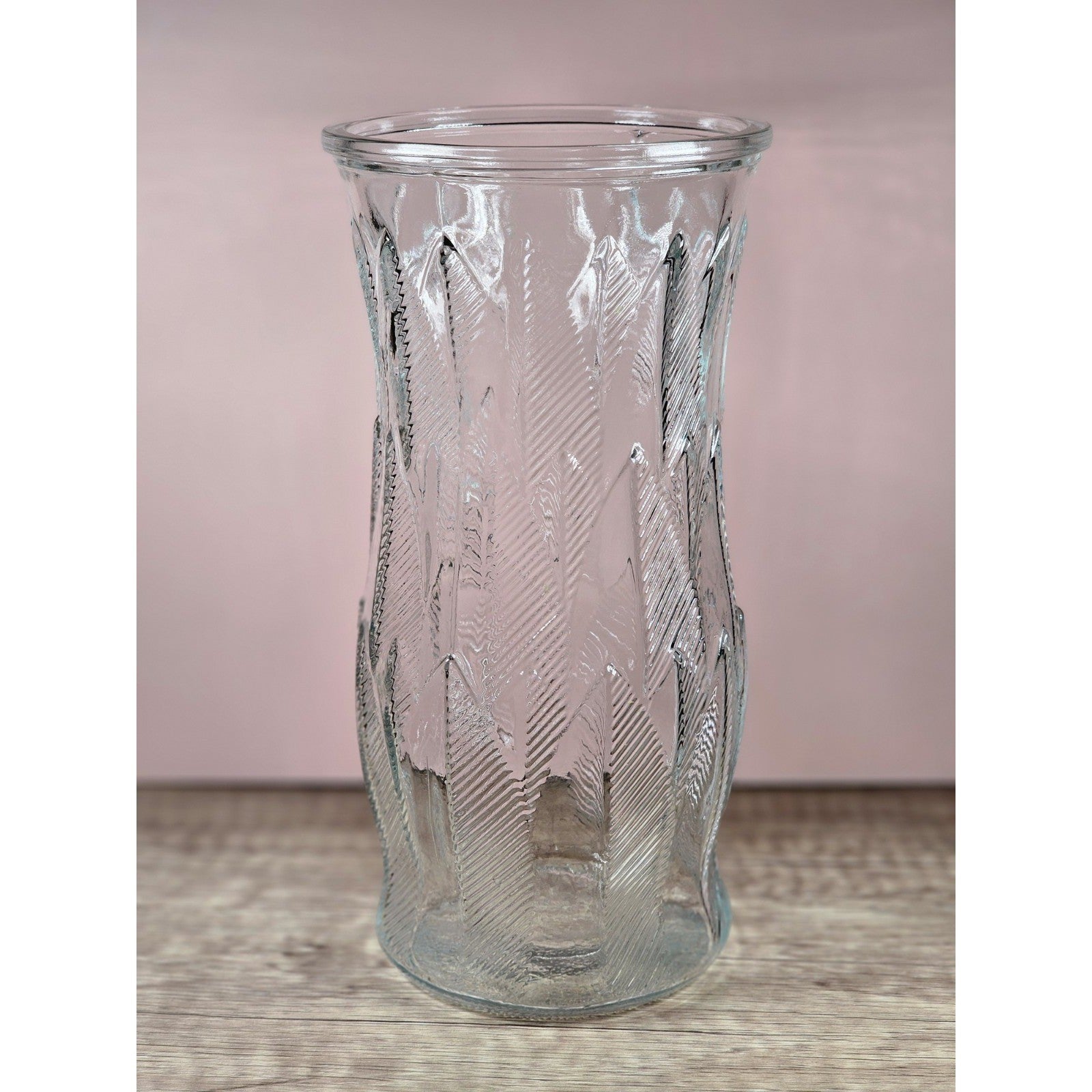Vintage Brody Clear Glass Vase 9.5 Inch Mid Century Feather Leaf Design