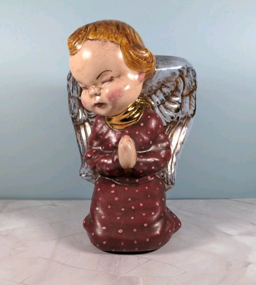 Vintage Kneeling Angel Ceramic Planter Vase 7.5″ Tall Rustic Home Decor