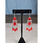 Vintage Red Rhinestone Drop Earrings Silver Tone Dangle Statement Jewelry