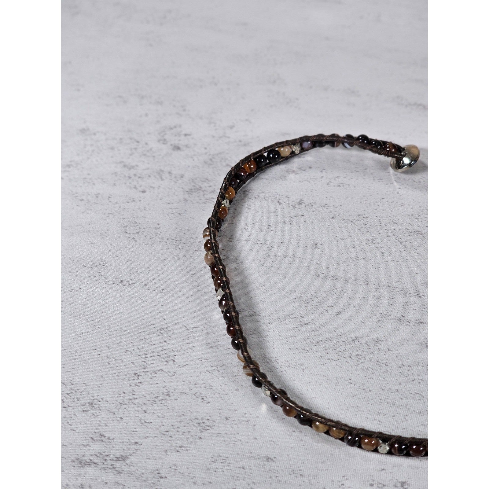 Brown Beaded Wrap Bracelet Leather Cord Multi Tone Stone Boho