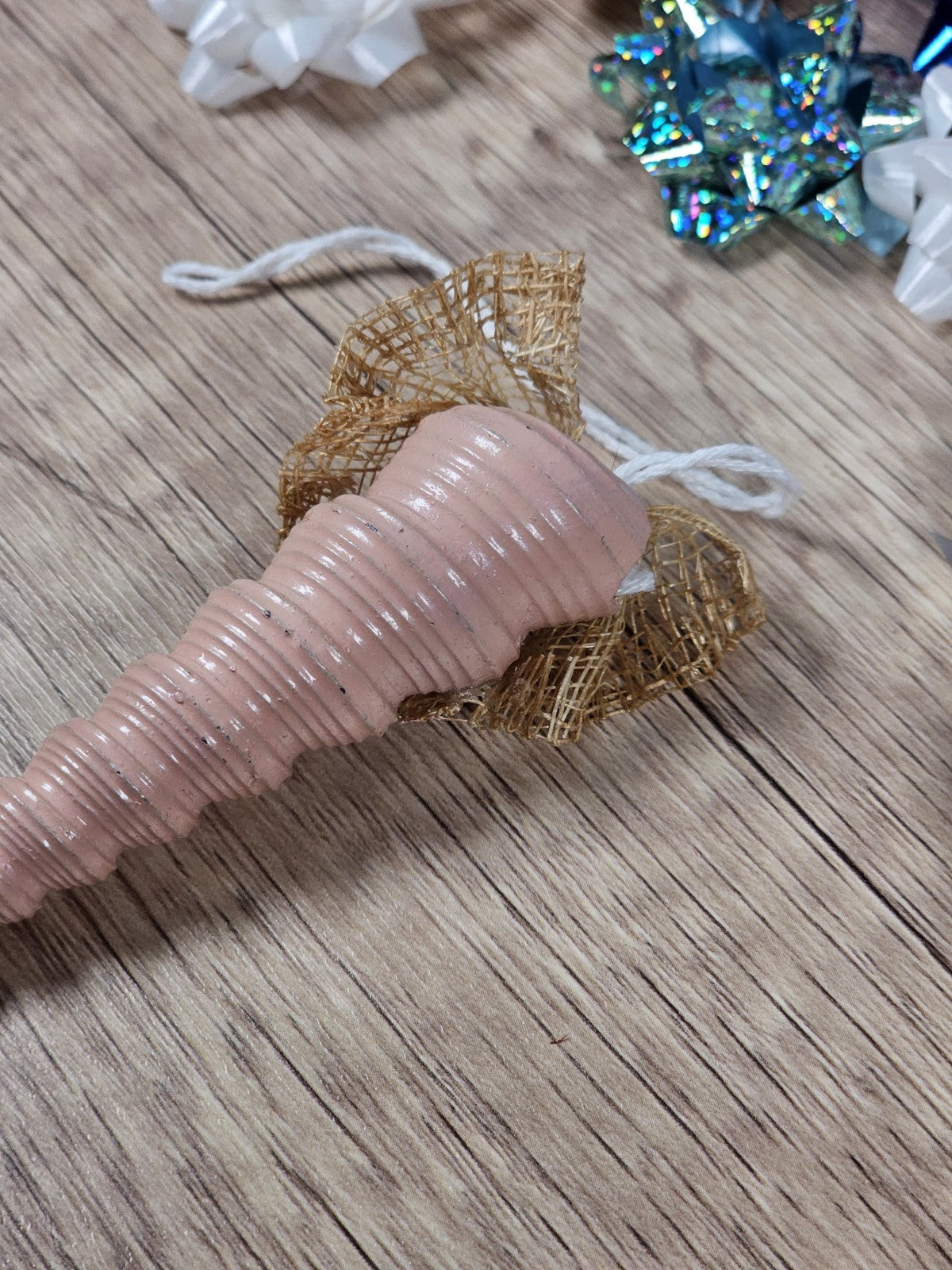 Vintage 90s Pink Auger Shell Ornament With Gold Bow & Rose Decoration 4"