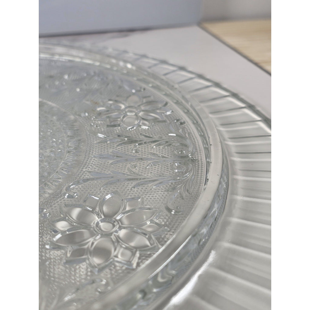Vintage Pressed Glass Floral Cake Stand Round Serving Tray 13 Inch