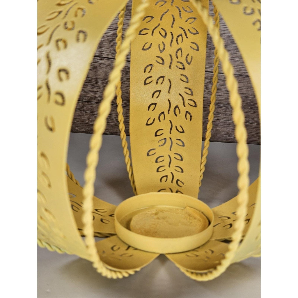 Yellow Metal Pumpkin Lantern with Leaf Cutouts | Fall Decor | Candle Holder