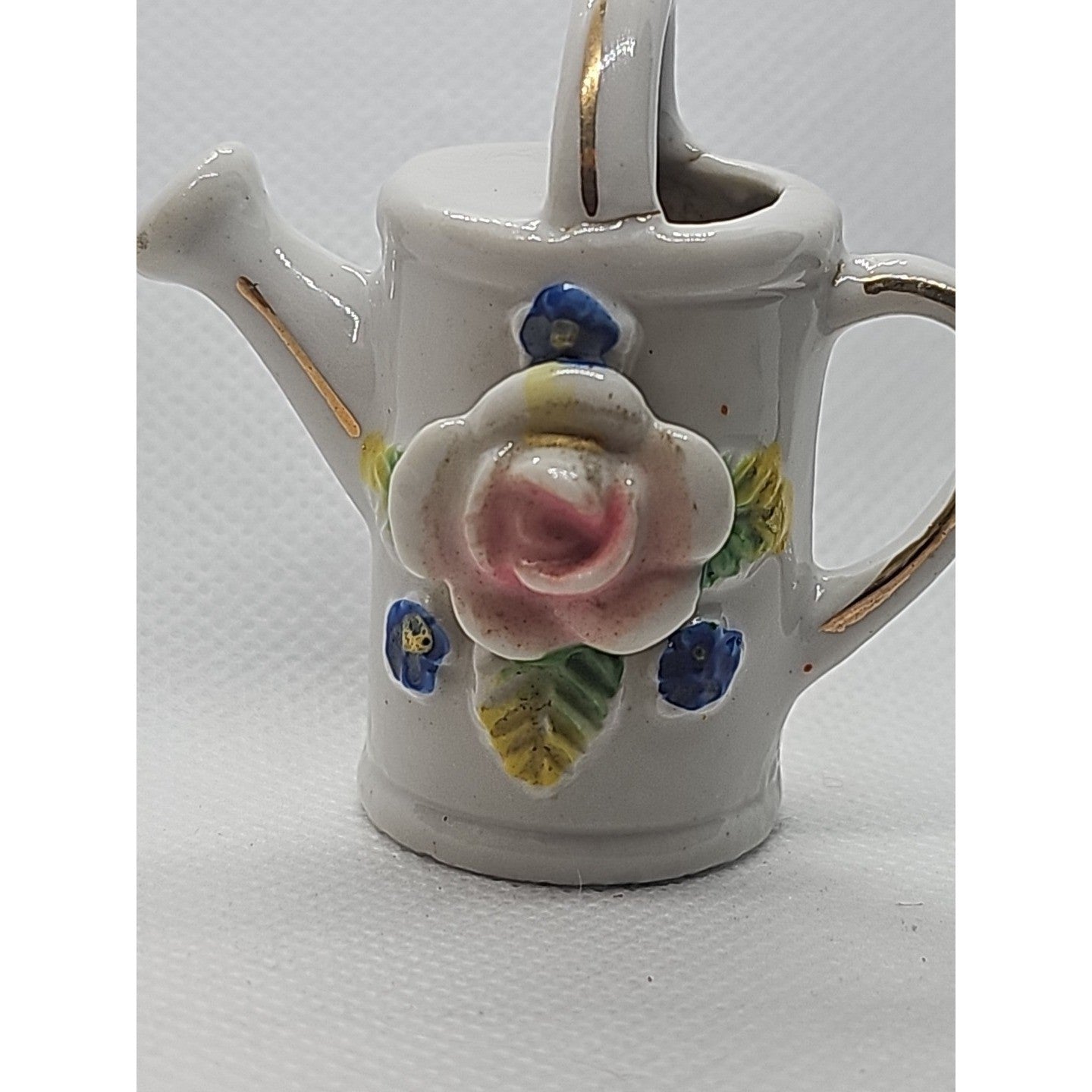 Miniature Vintage Porcelain Watering Can Figurine Roses Gold Trim Japan 2″