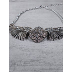 Vintage Winged Heart Rhinestone Necklace Silver Tone Statement