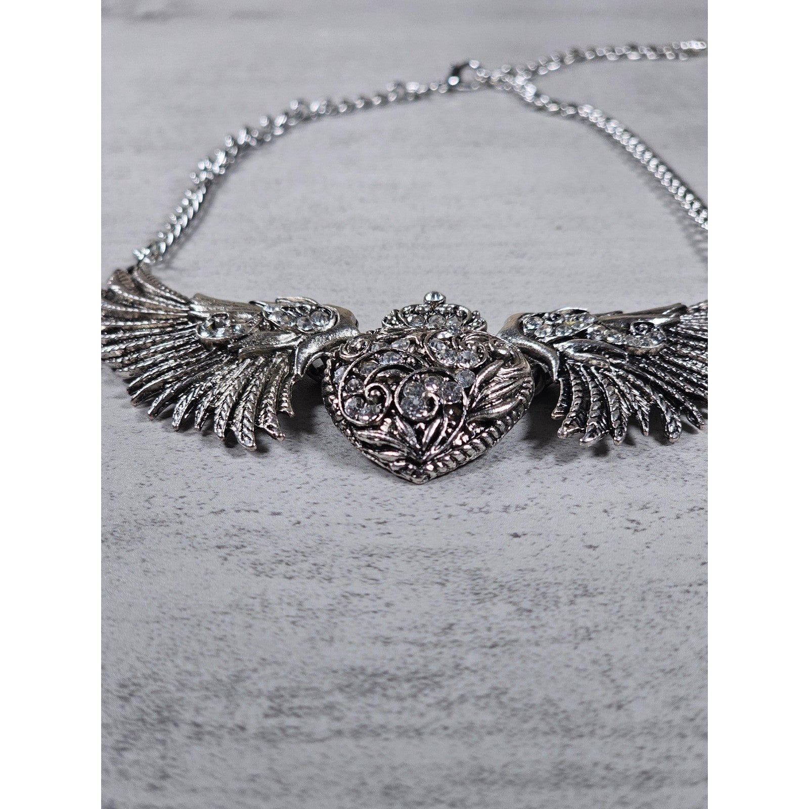 Vintage Winged Heart Rhinestone Necklace Silver Tone Statement