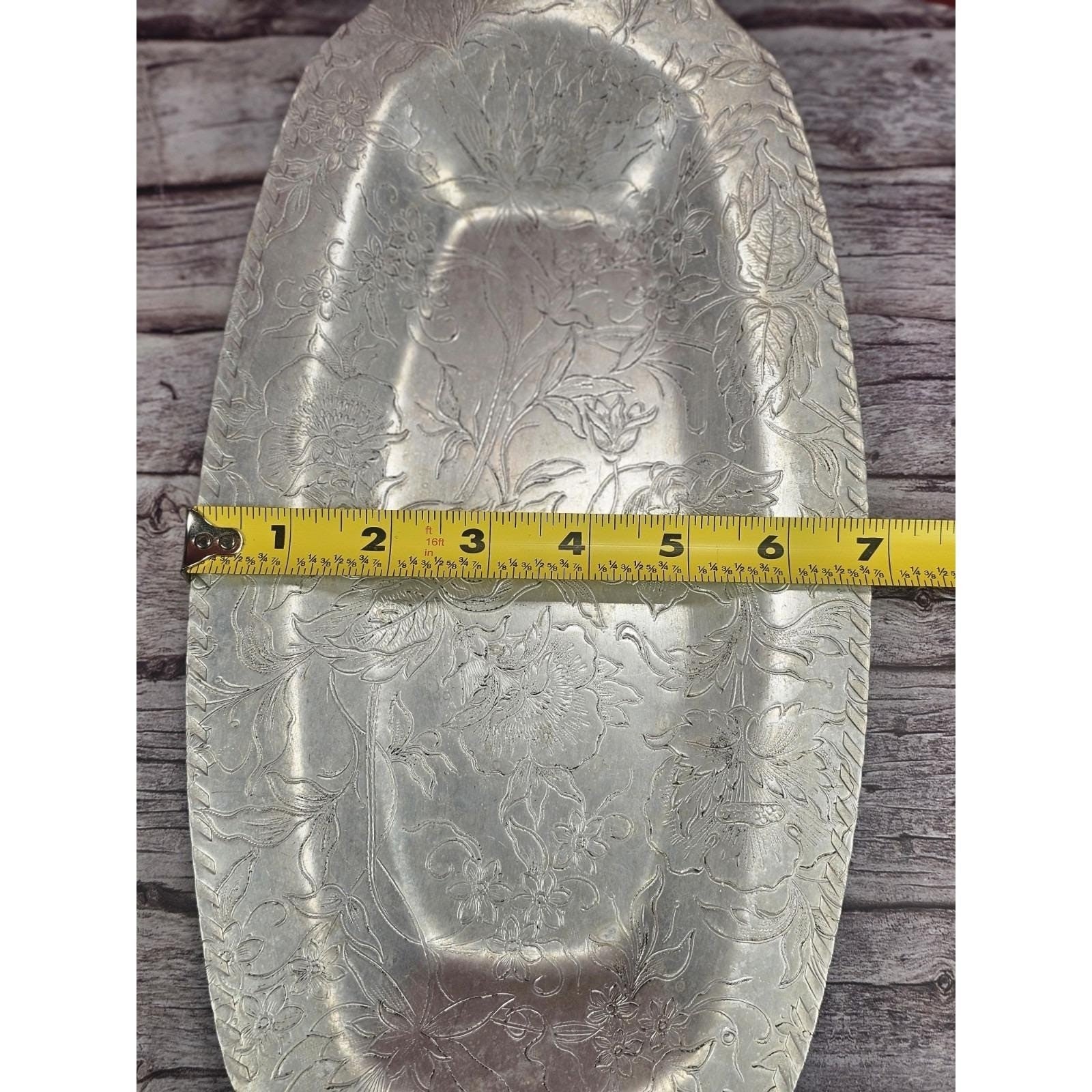 Vintage Aluminum Floral Etched Serving Tray 13x7 Decorative Rectangle