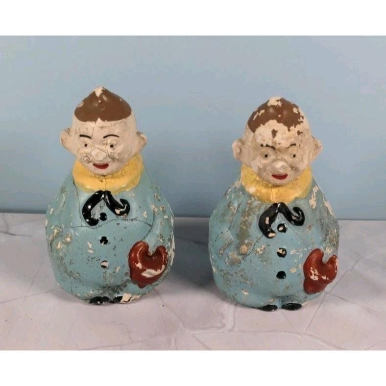 Antique Figural Salt Pepper Shakers Men Holding Hat Vintage Set