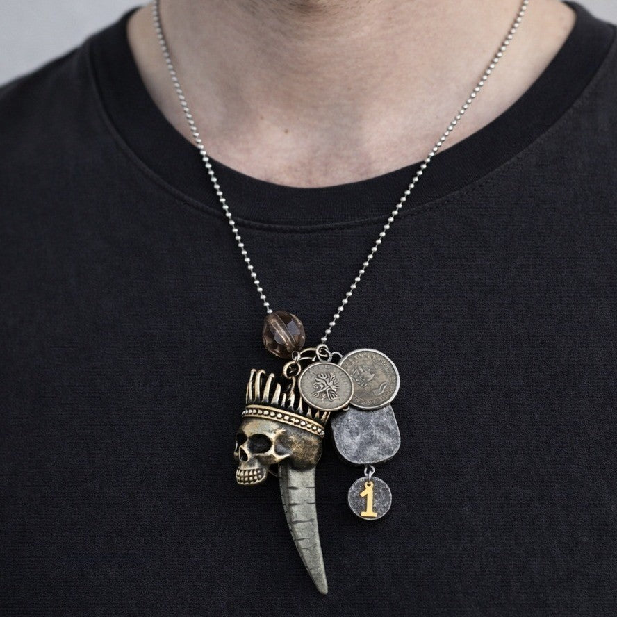 Mixed Charm Skull Crown Necklace with Coin Charms & Tusk Pendant