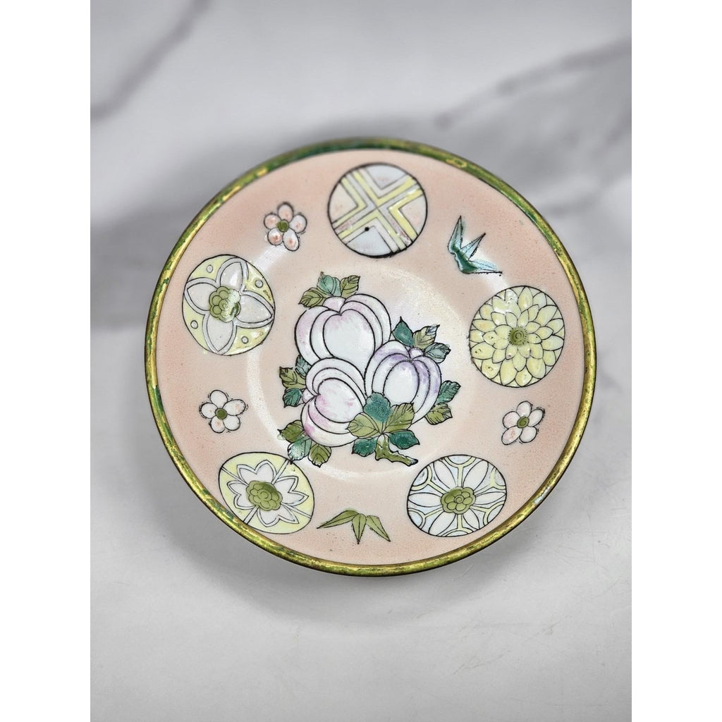 Vintage Hand-Painted Macau Floral Trinket Dish with Gold Rim
