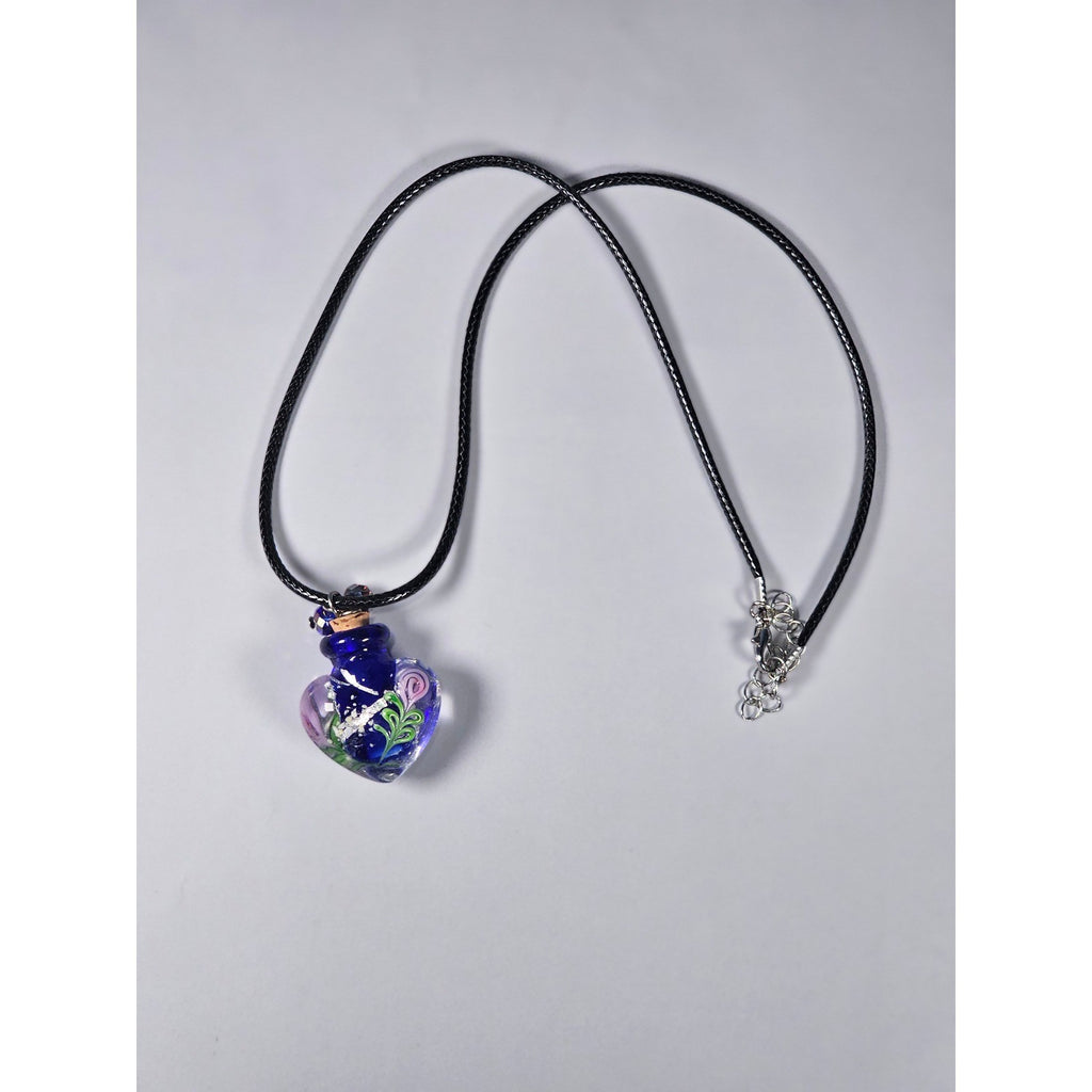 Vintage Glass Heart Vial Necklace Blue Hand Blown Art Glass Pendant