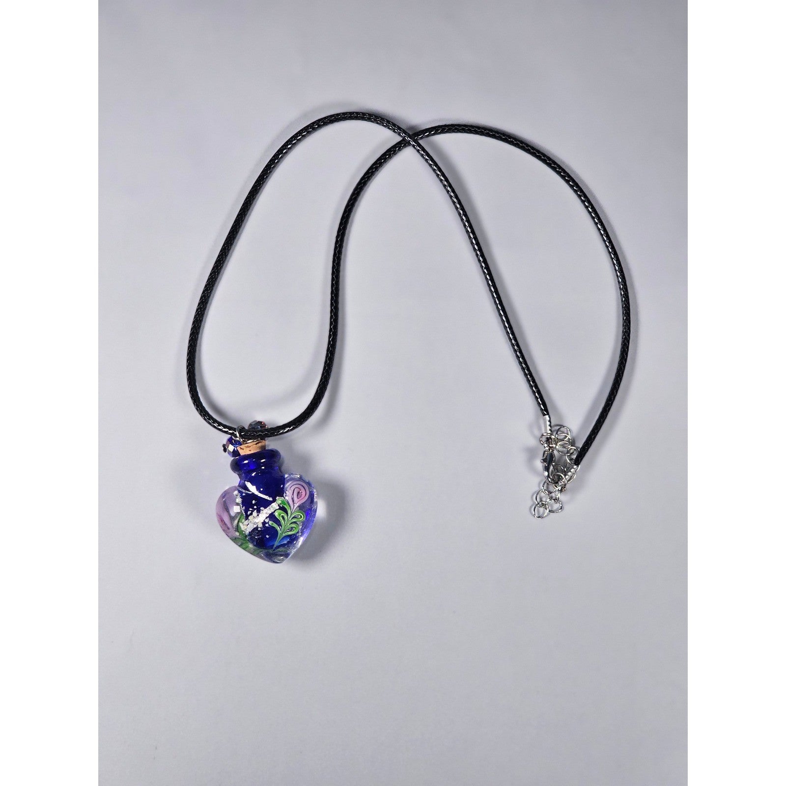 Vintage Glass Heart Vial Necklace Blue Hand Blown Art Glass Pendant