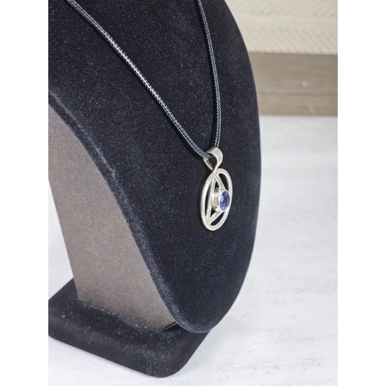 Vintage Sterling Silver Triangle Pendant w Purple Stone