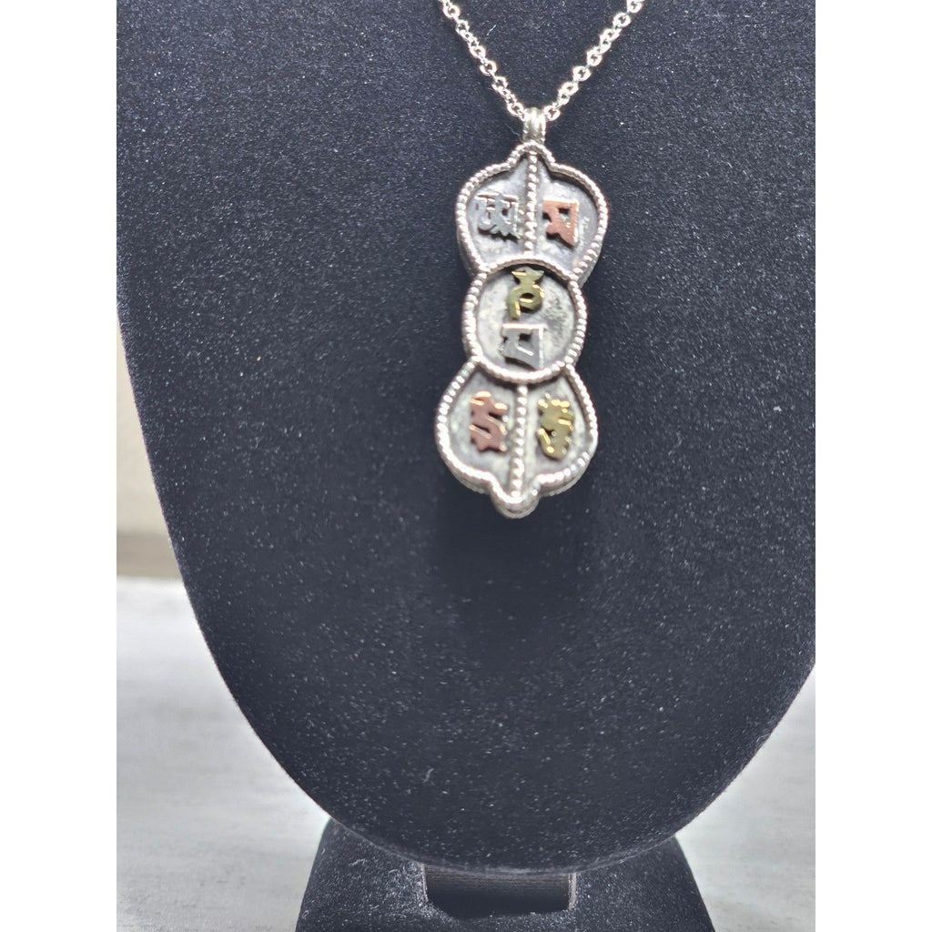 Vintage Mixed Metal Script Pendant Necklace Silver Tone Spiritual Charm