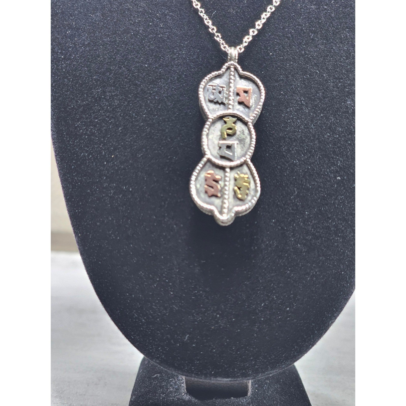 Vintage Mixed Metal Script Pendant Necklace Silver Tone Spiritual Charm