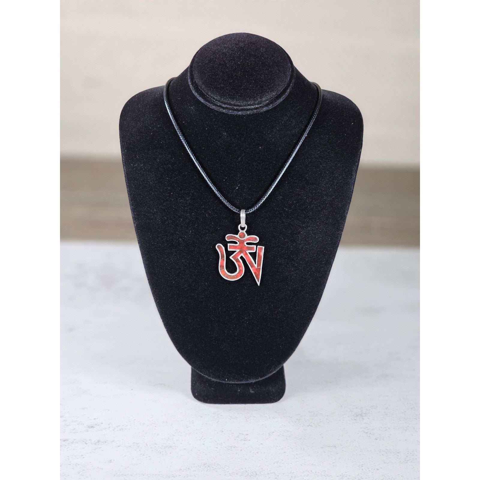 Vintage Sterling Silver Om Pendant Necklace Red Inlay Symbol