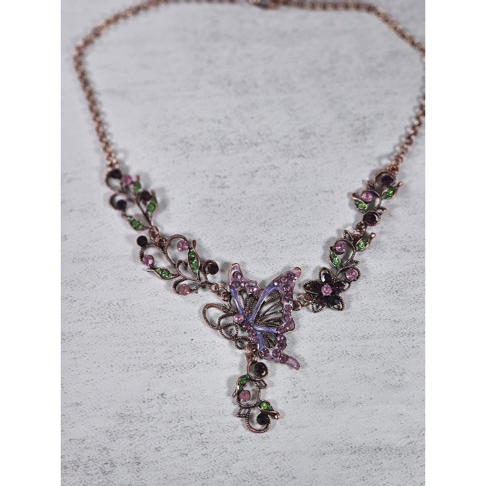 Vintage Butterfly Necklace Earring Set Purple Green Floral Gold Tone