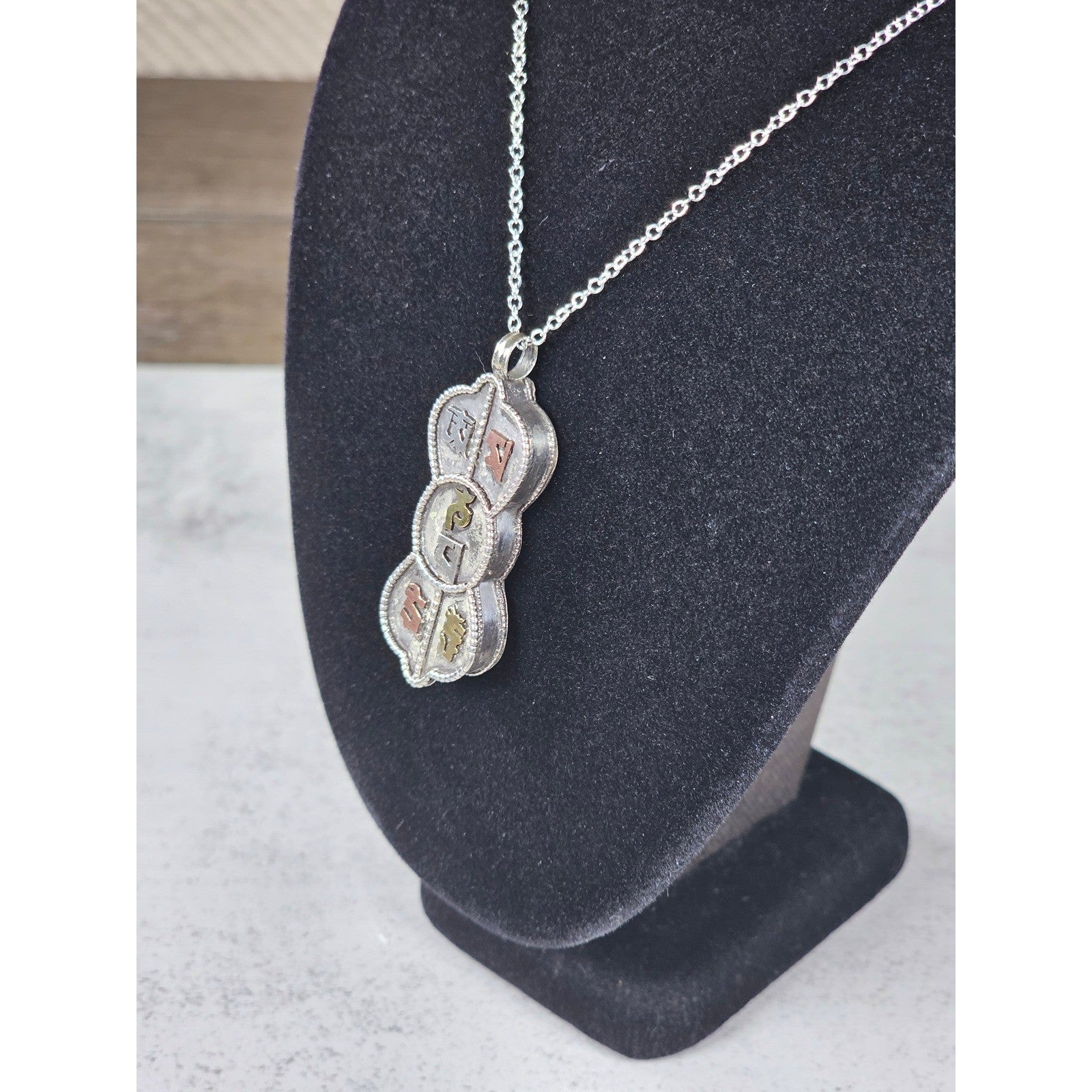 Vintage Mixed Metal Script Pendant Necklace Silver Tone Spiritual Charm