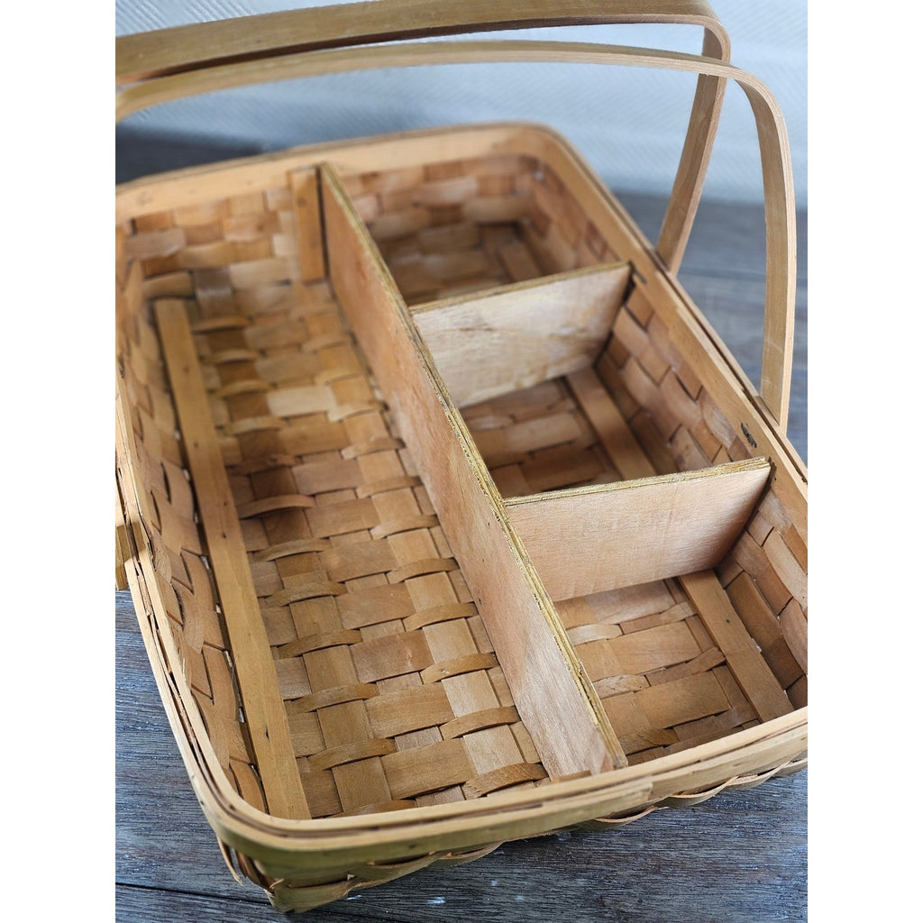 Vintage Wood Splint Divided Basket with Handle, Rustic Farmhouse Organizer