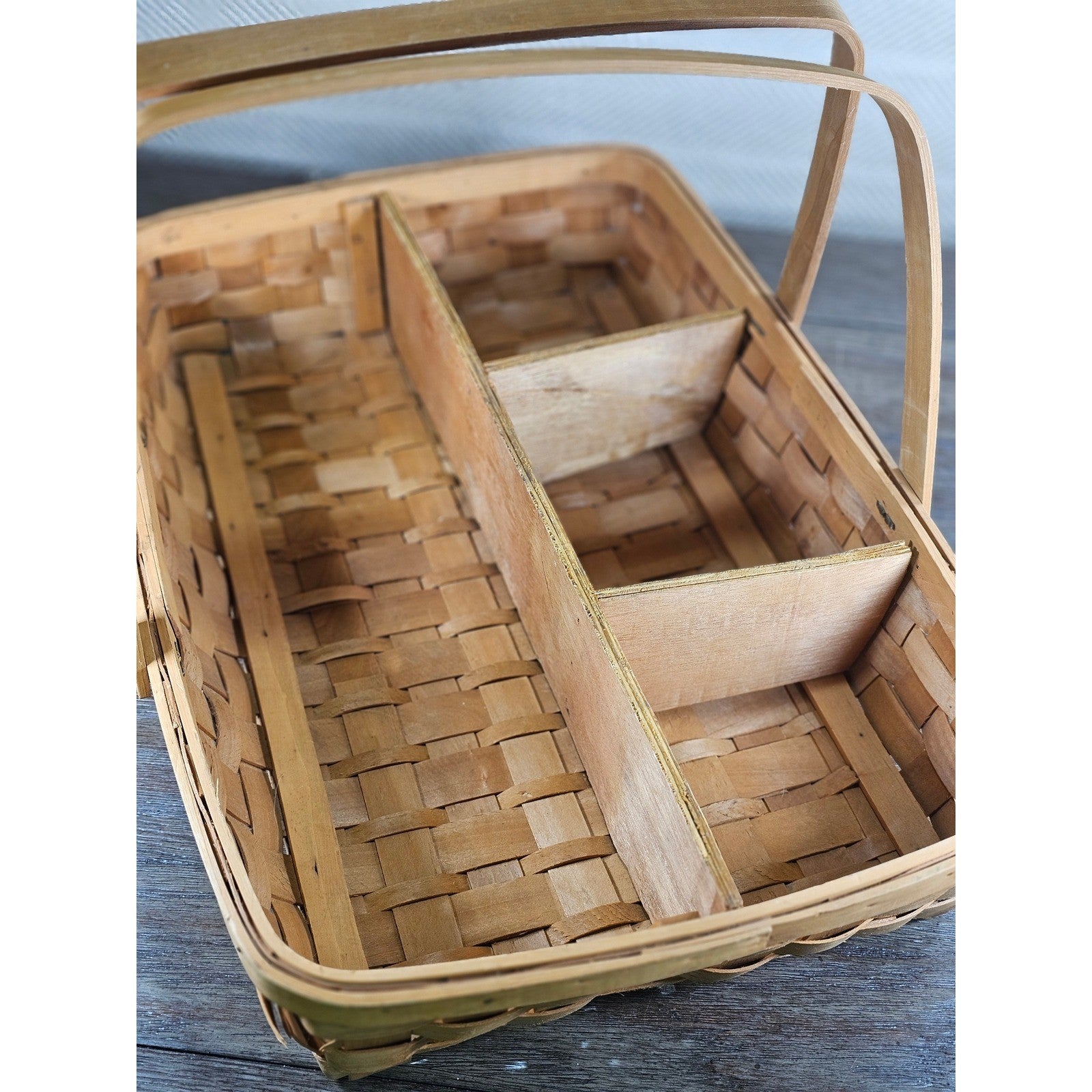 Vintage Wood Splint Divided Basket with Handle, Rustic Farmhouse Organizer