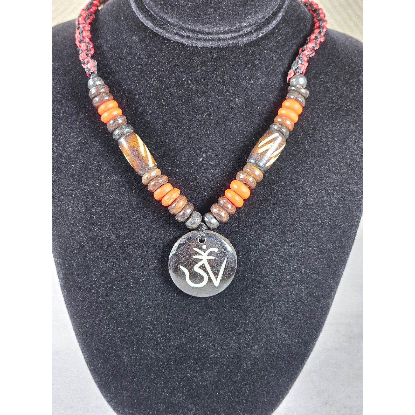 Vintage Om Pendant Necklace Wood Bead Red Black Cord Unisex