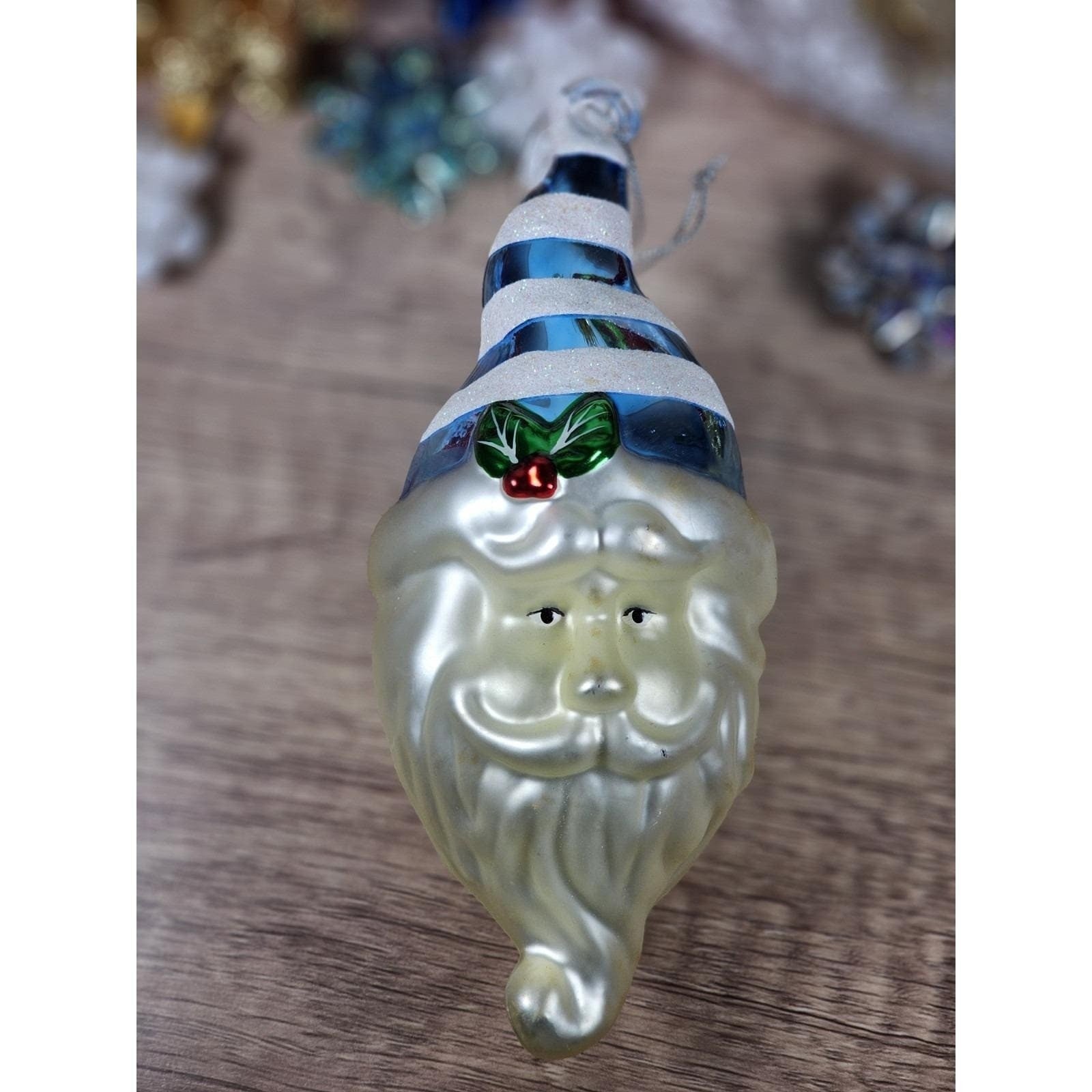 Vintage Handblown Glass Santa Ornament 7 Inch Blue Hat 1970s