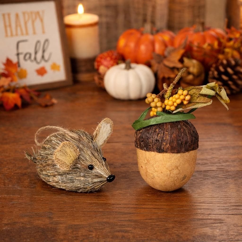 Woodland Mouse & Acorn Ornaments Set | Rustic Nature Holiday Decor