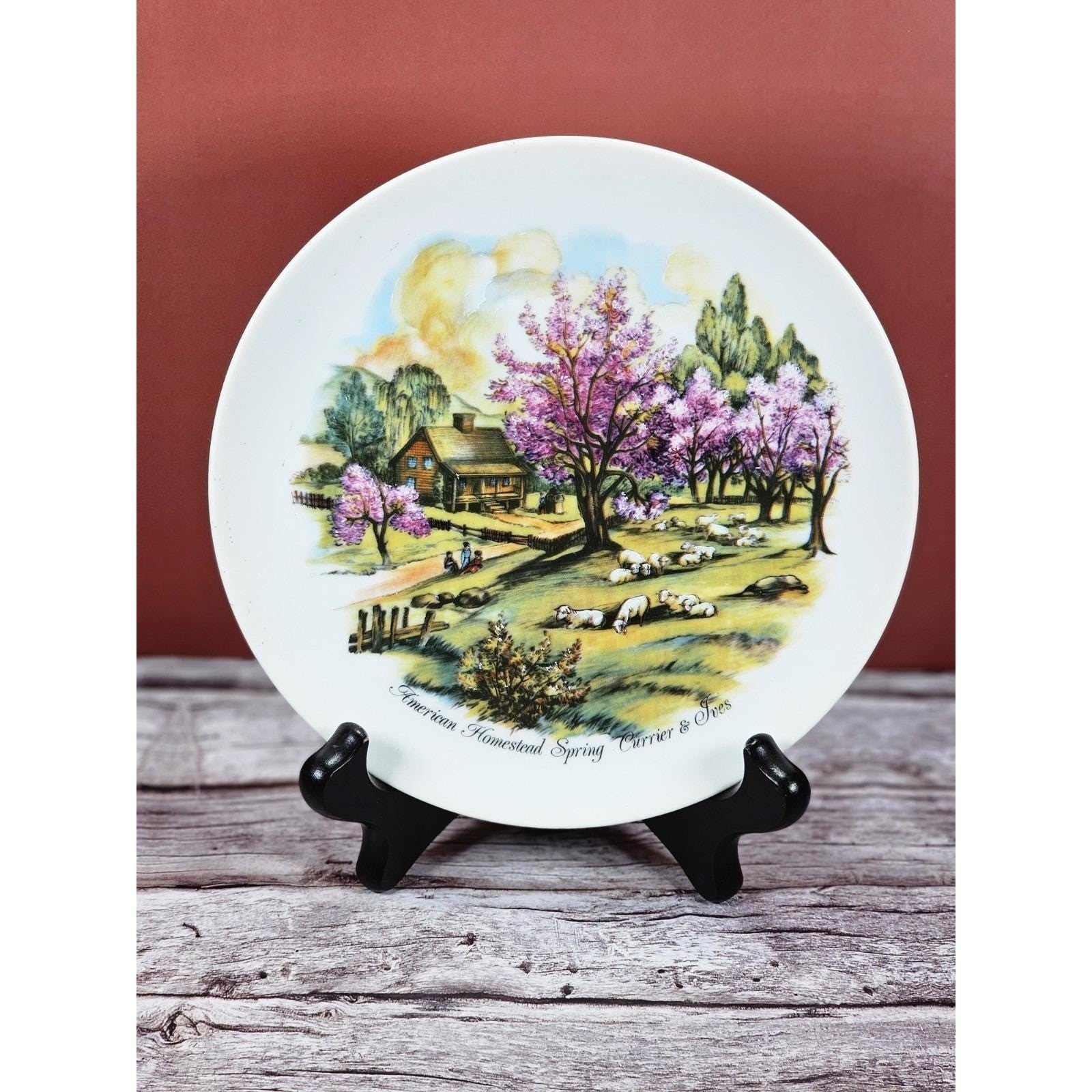 Vintage Currier & Ives Style Pastoral Plate Spring Farm Scene Japan 6.5"
