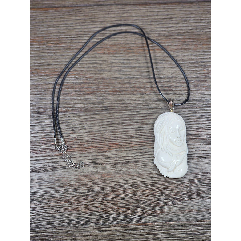 Vintage Buffalo Bone Carved Woman Pendant Necklace 2.5 x 1 Inch