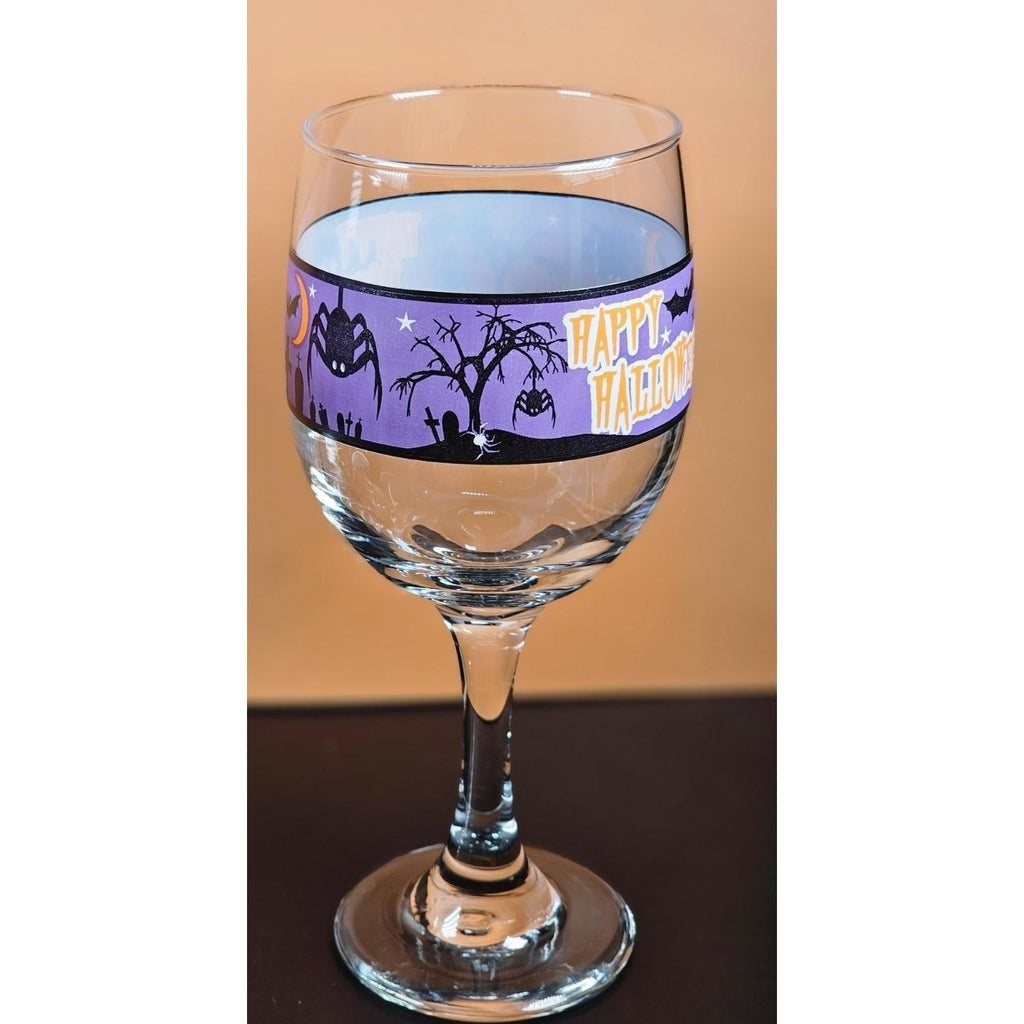 Vintage Halloween Wine Glass with Purple Spooky Silhouette Band