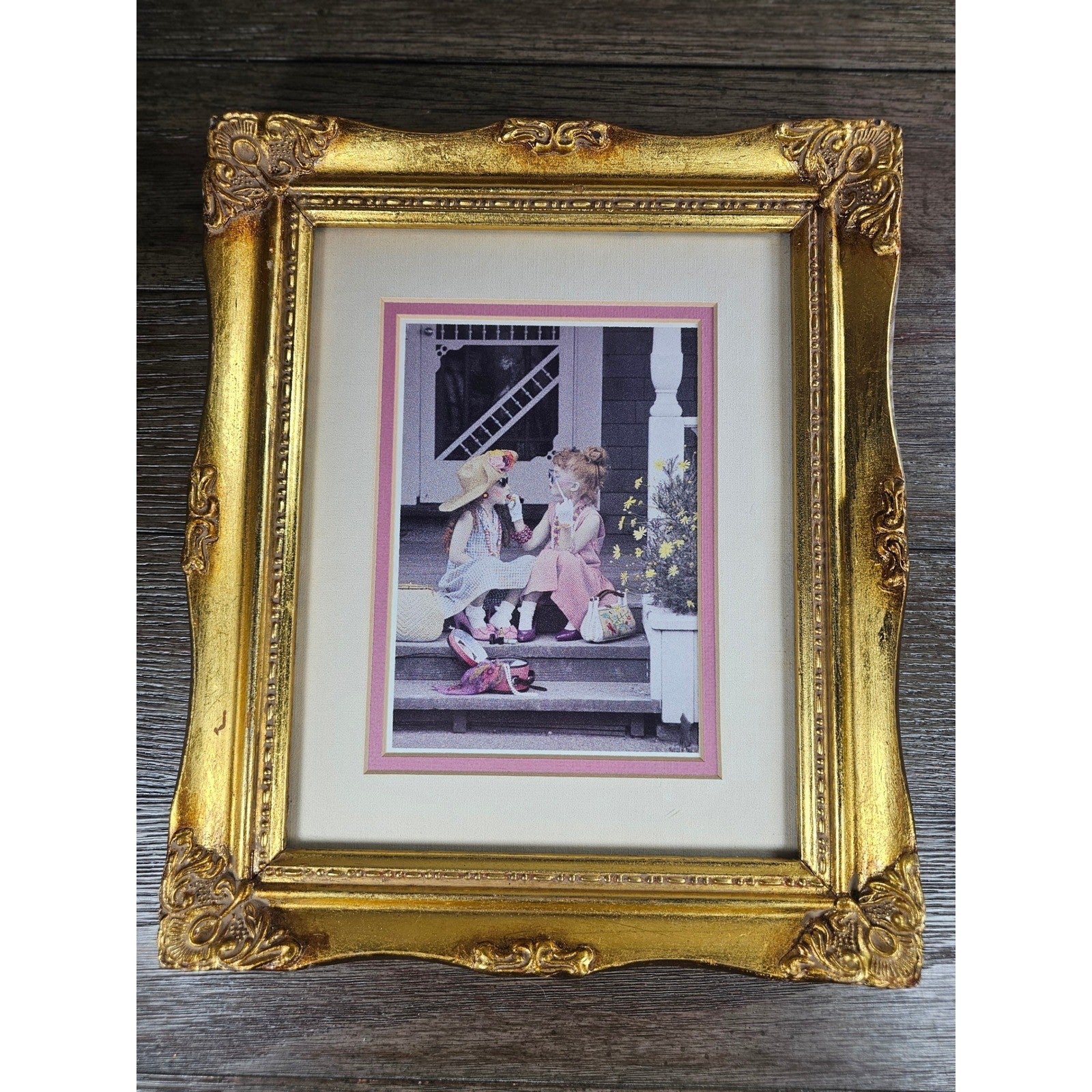Vintage Ornate Gold Framed Photograph Pink Mat Girls Portrait Wall Art