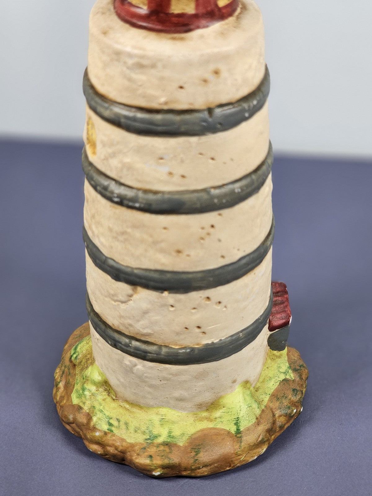Vintage Ks Collection Beige Plaster Blue Stripe Design Lighthouse 6" Tall