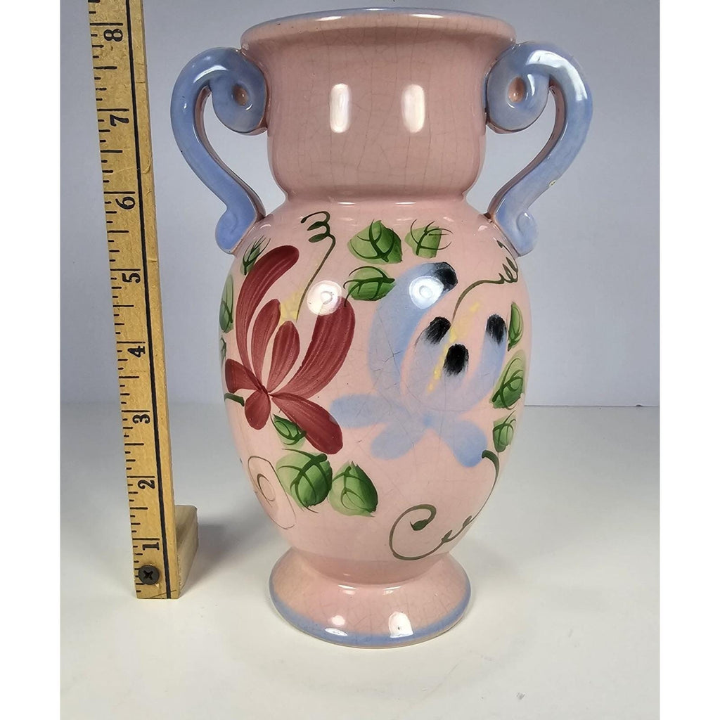 Vintage Pink Crackle Glaze Vase Blue Handles Floral Ceramic